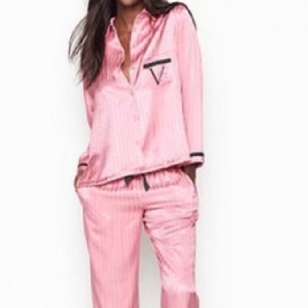 VS Satin Long Sleeve Button Up Pajama Set Black V Embroidery & Pink Pinstripe - Picture 5 of 10
